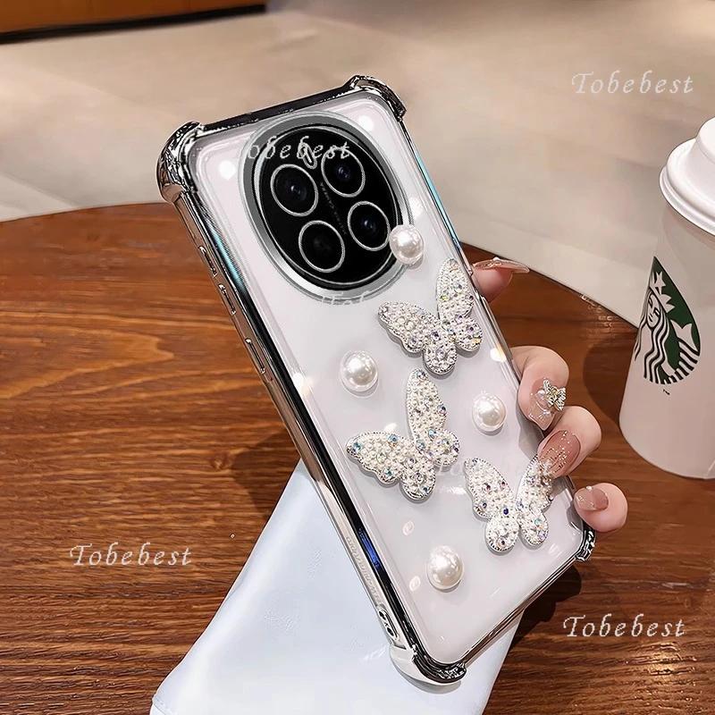 3D Perlen Schmetterling Stoßfest Verchromt Silikonhülle für Huawei Honor Magic 7 Lite 6 5 4 3 Pro Klar Transparent Rückseite