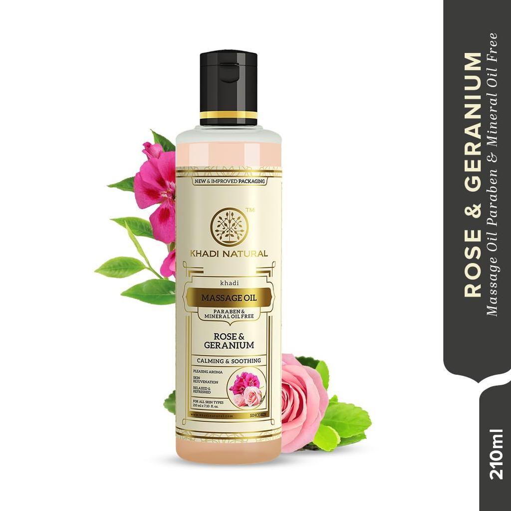 Khadi Natural Ayurvedic Rose Geranium Massage Oil 210 Ml Relaxing Body Oil For All Skin Types Paraben Free