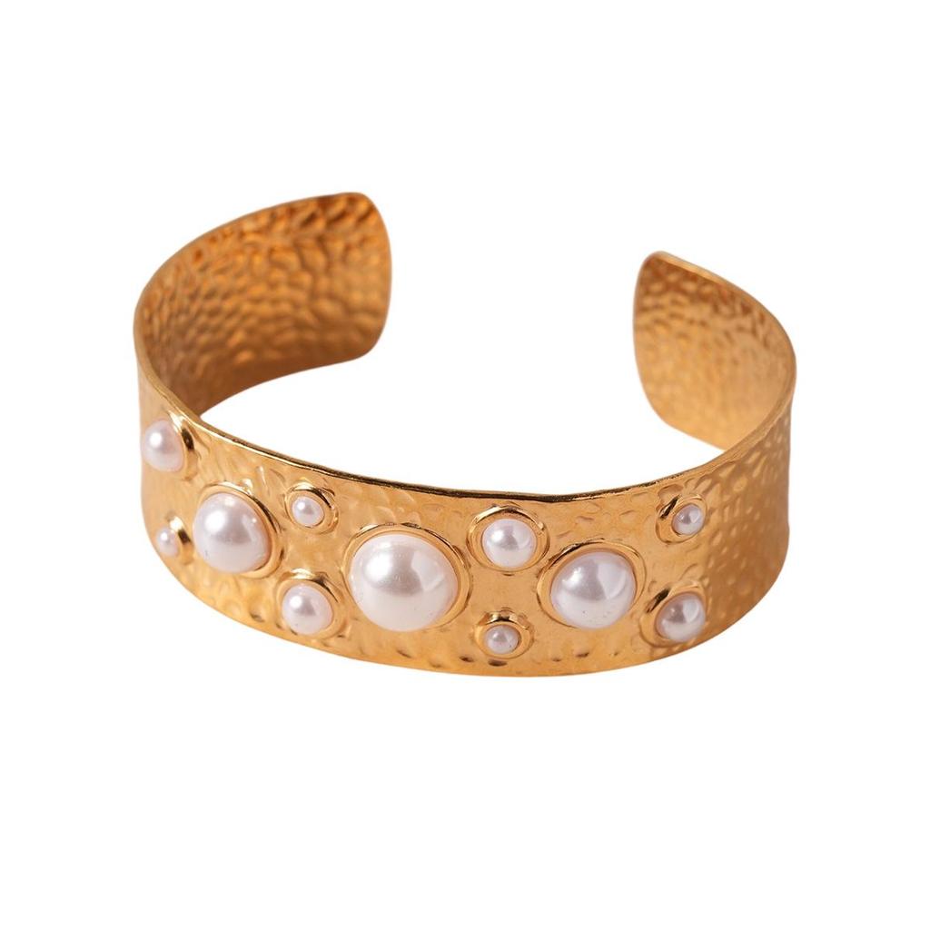 Stainless Steel Pearl Textured Open Bangle: European-American Style, Versatile Women's Jewelry