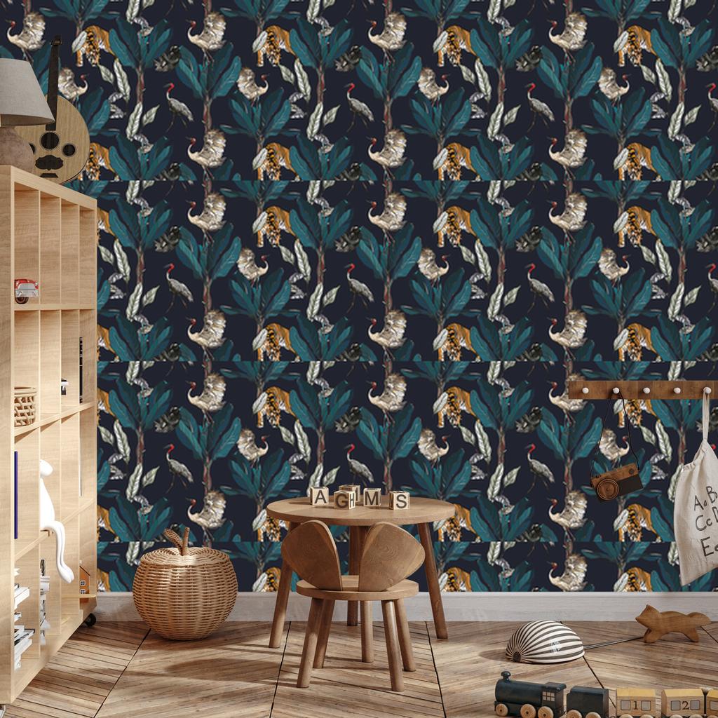 Tigers, Cranes and Sloths Wallpaper for Living Room and Bedroom 50x1000