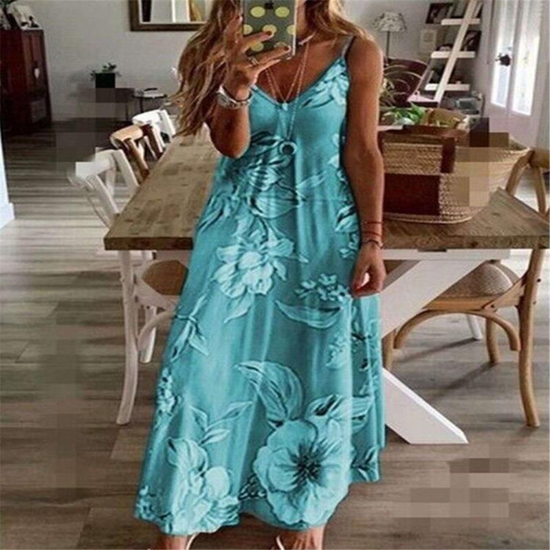 Fashion Loose Printed Suspenders Long Dress Women V Neck Plus Size Casual Simple Floral Maxi A-line Party Dresses Summer Spring Streetwear Clothing