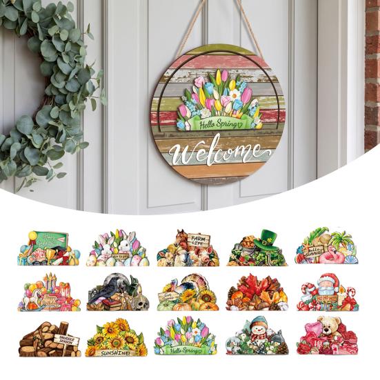 Decorative Wooden Door Sign Interchangeable Seasonal Welcome for Front Door, 12 Inch Round Wood Hanging Housewarming Gift For New Home with