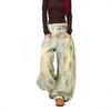 Used gewaschene Jeans mit bestickten Buchstaben Unisex Weites Bein Gerader Schnitt Jeans Streetwear