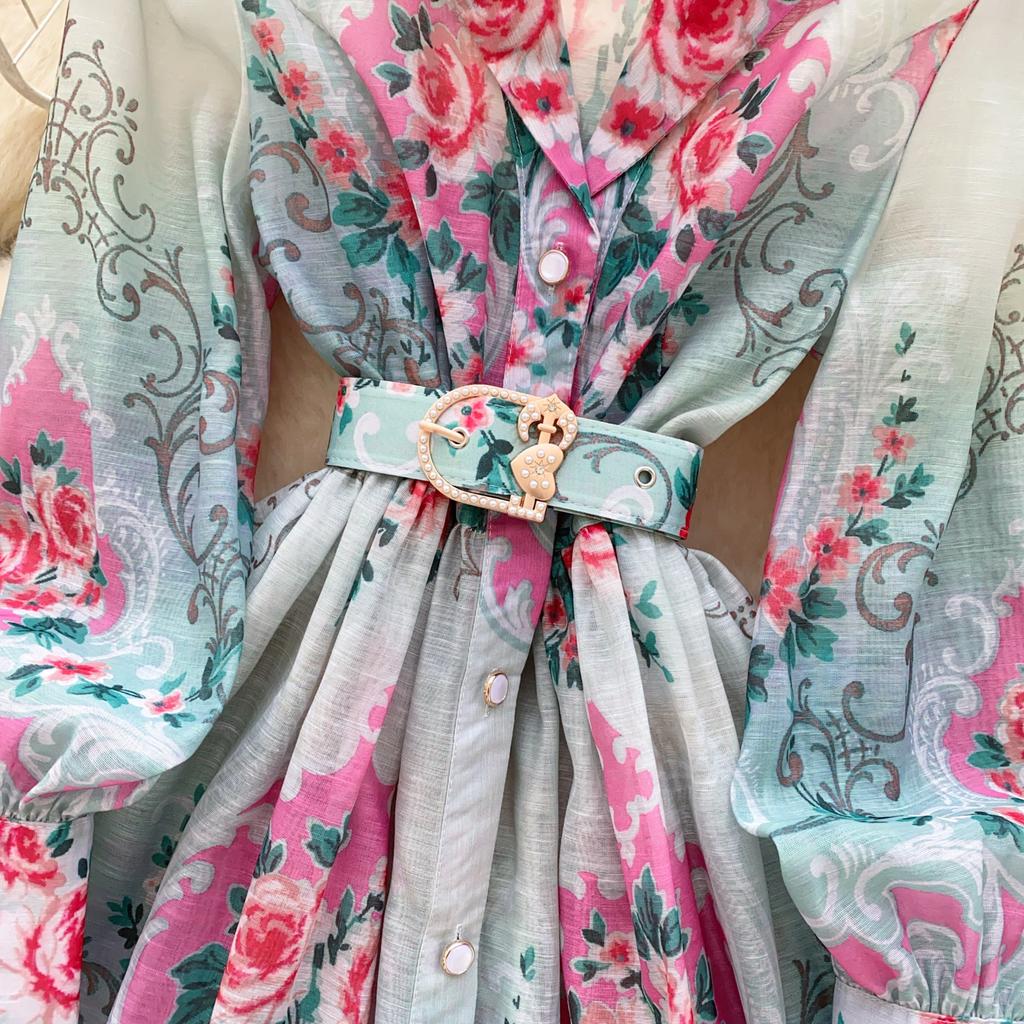 Frühling Sommer Frauen Elegante Volle Hülse Blume Drucken Mini Kurze Hemd Party Kleider Mit Gürtel