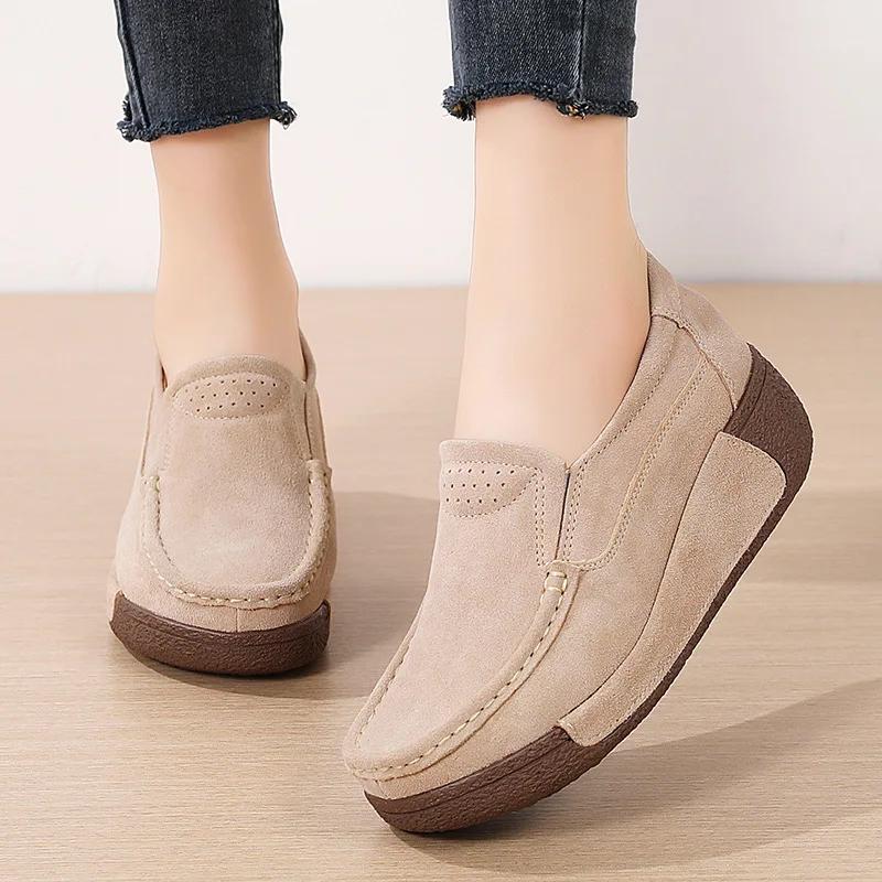 Women Genuine Leather Shoes Platform Flats Loafers Slip On Korean Plus Size 42 Female Vulcanized Shoes Casual Comfort Mom Shoes