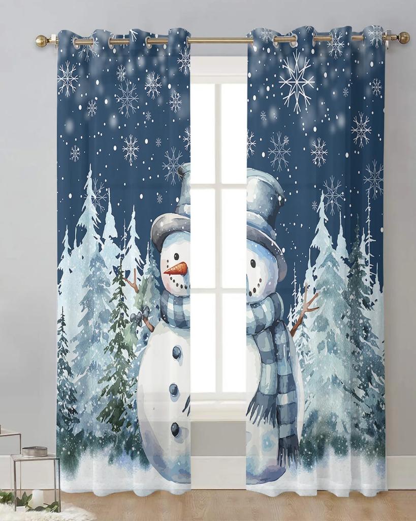 Weihnachtsbaum Schneeflocke Schneemann Blau Transparente Vorhänge zur Wohnzimmerdekoration Fenstervorhänge Küche Tüll Voile Vorhänge