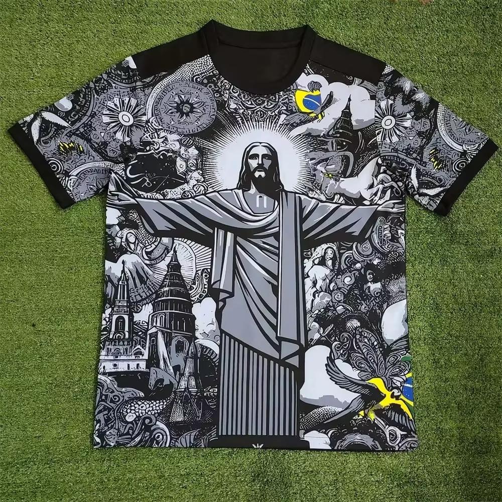 Maglietta da Allenamento Calcio Estivo Brasile Edizione Speciale Gesù Nero Grigio Maglia da Calcio Adulti Bambini Outdoor Magliette da Uomo Top Caldo S
