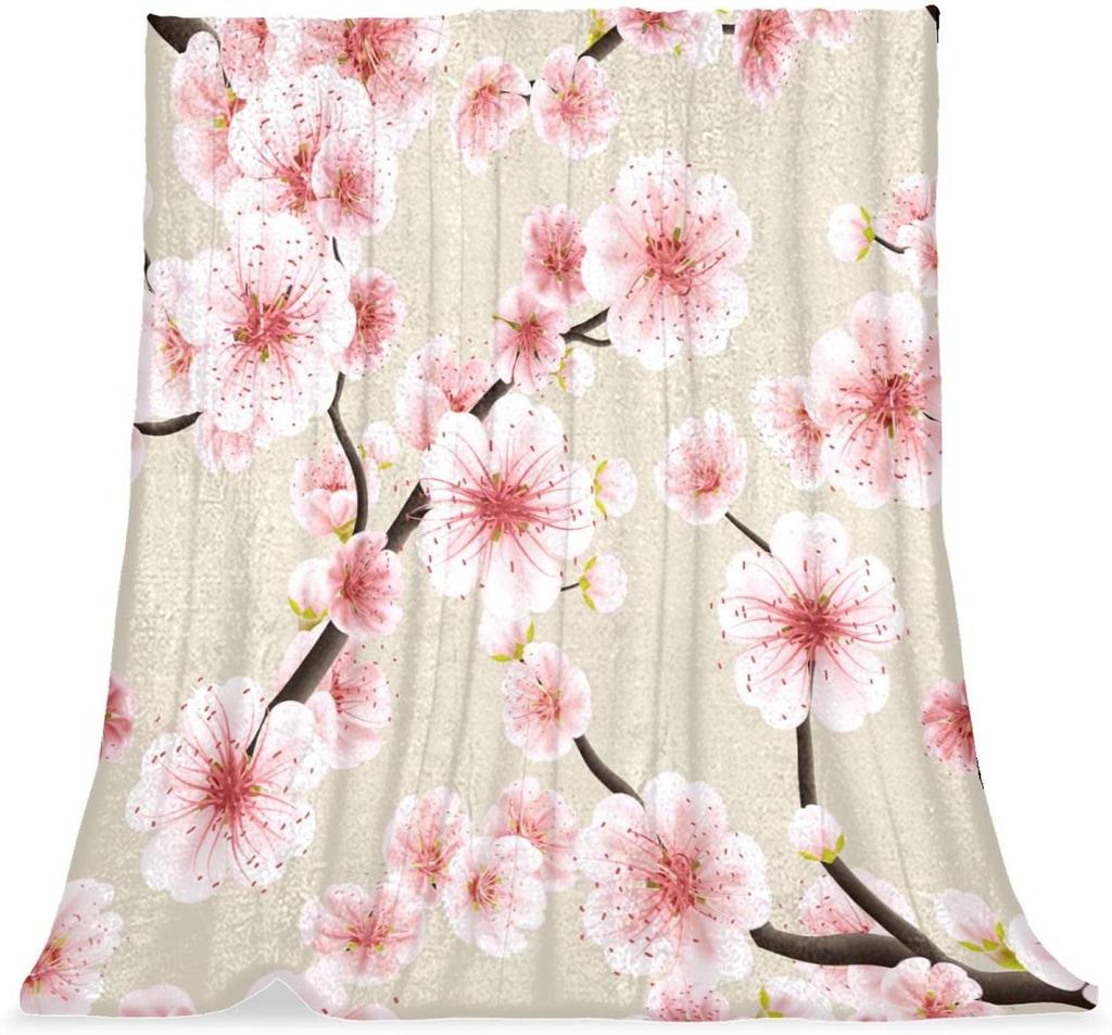 Cherry Blossom Throw Blanket Branches Flower Print Fleece Flannel Blanket Japanese Style Soft Fuzzy Blanket for Sofa Couch Bed