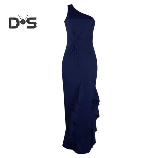 Damen-Abendkleid, einschulterlang, geschlitzter Saum, Rüschen, einfarbig, schmale Passform, schräger Ausschnitt, ärmellos, rückenfrei, bodenlang, Damen-Abschlussball-Maxikleid