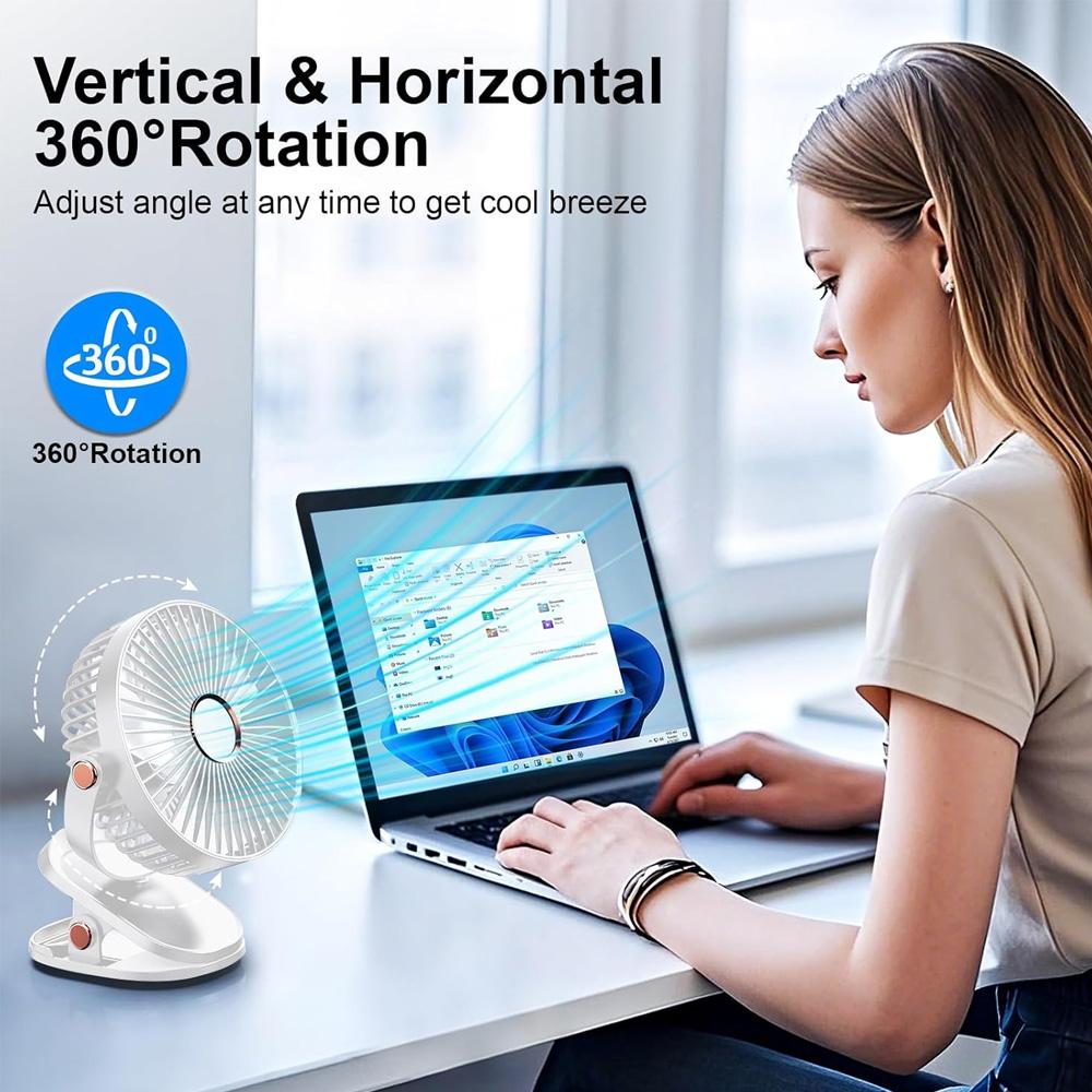 Portable Clip Fan with LED Lights Desk Fan 5 Speed Quiet Rechargeable Mini Table Fan, 360° Rotate Personal Cooling Fan for Home Office
