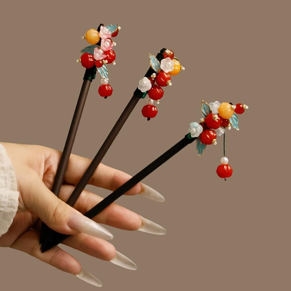 1pc Vintage Chinese Hair Sticks: Wooden with Colorful Beads,Flowers & LeavesAdd Elegant Oriental Charm to Traditional Outfits