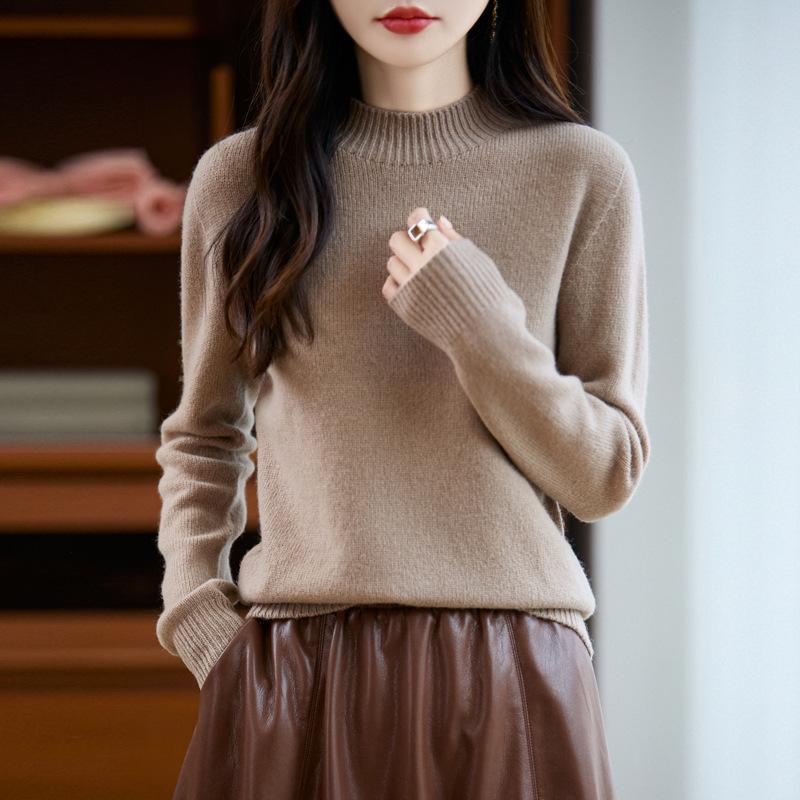 Women's Pure Color Wool Sweater - Half-High Collar, Loose Knit Pullover for Autumn/Winter