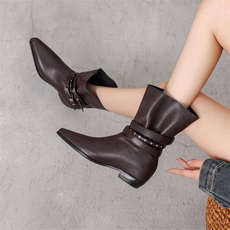 Fashion New Autumn Winter Split Leather Women Boots Fashion Belt Buckle Western Boots for Women Thick Heel Short Boots Height Increasing