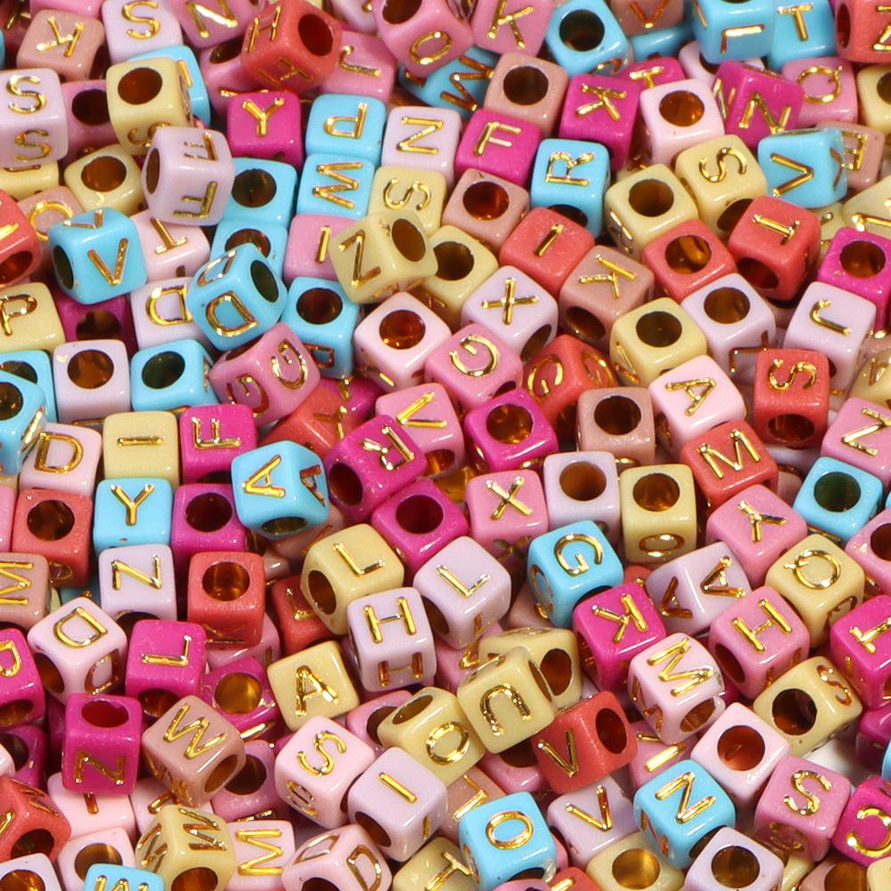 100pcs/lot 6mm Electroplated Acrylic Alphabet Beads Square Big Hole Loose Letter Beads For DIY Fashion Bracelet Necklace Jewelry