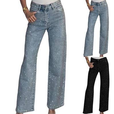 Womens Rhinestone Jeans High Waisted Straight Wide Leg Sparkly Denim Pants