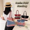 Lattice Lace Bow Shoulder Bag Rural Style Commuting Tote Bag Retro Denim Plaid Handbag  Students
