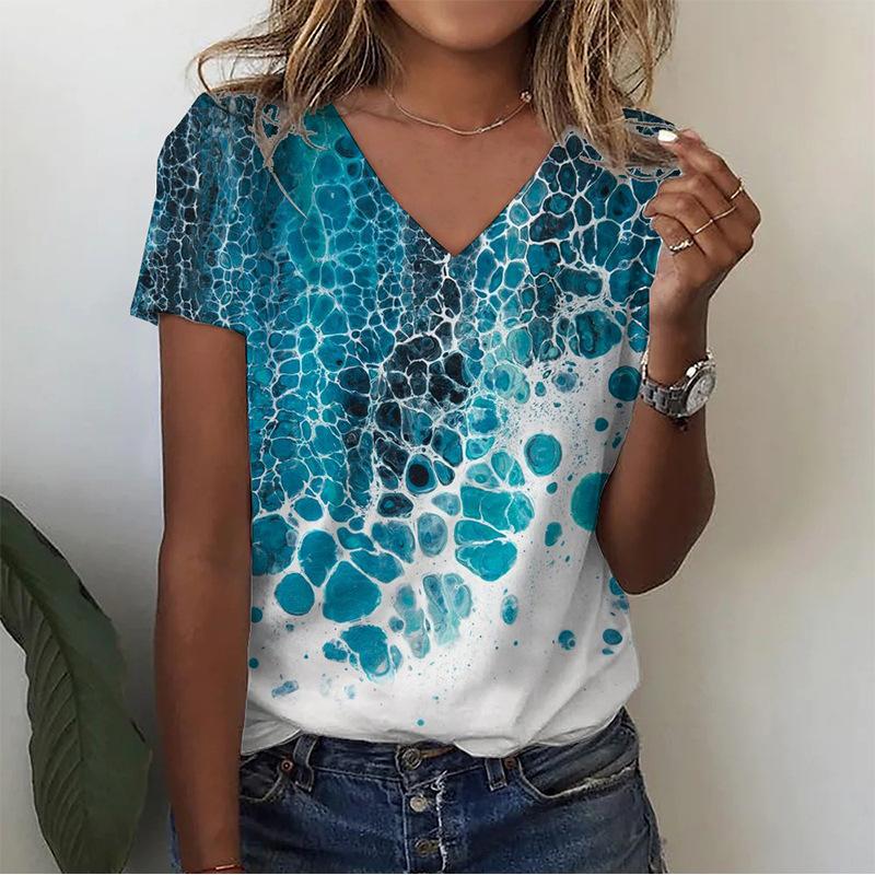 Vintage Damen T-Shirt mit Blumendruck Kurzarm V-Ausschnitt Oberteile Bequeme T-Shirts