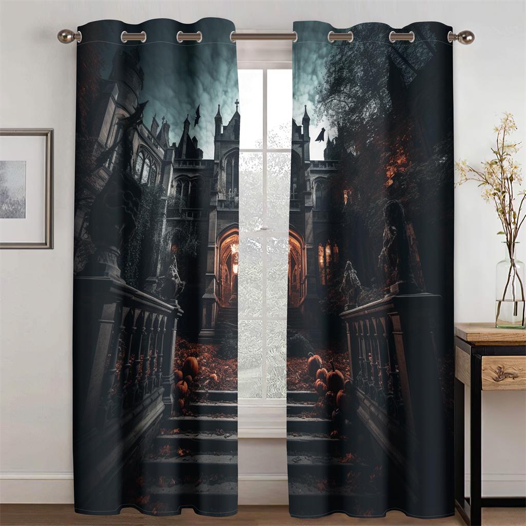 Halloween Horror Castle Curtains Gothic Architectural Style Curtains Ghost Pumpkin Living Room Bedroom Decor Curtains  2 Pcs