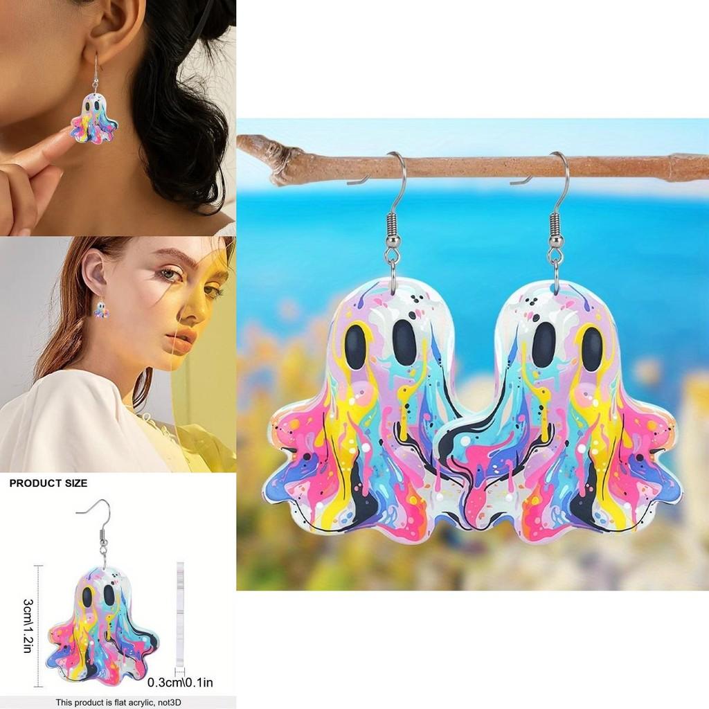 Adorable Colorful Ghost Earrings Made Of Acrylic Fun Cartoon Style Halloween Accessories