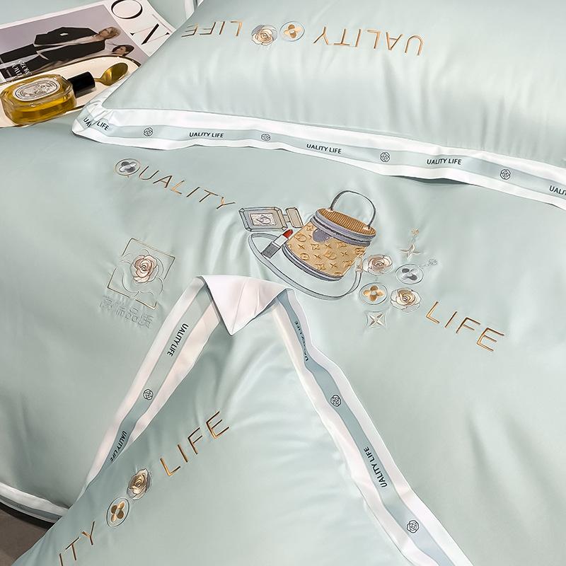 Set da letto in seta lavata, quattro pezzi, copripiumino ricamato di alta qualità in seta di ghiaccio, set da tre pezzi