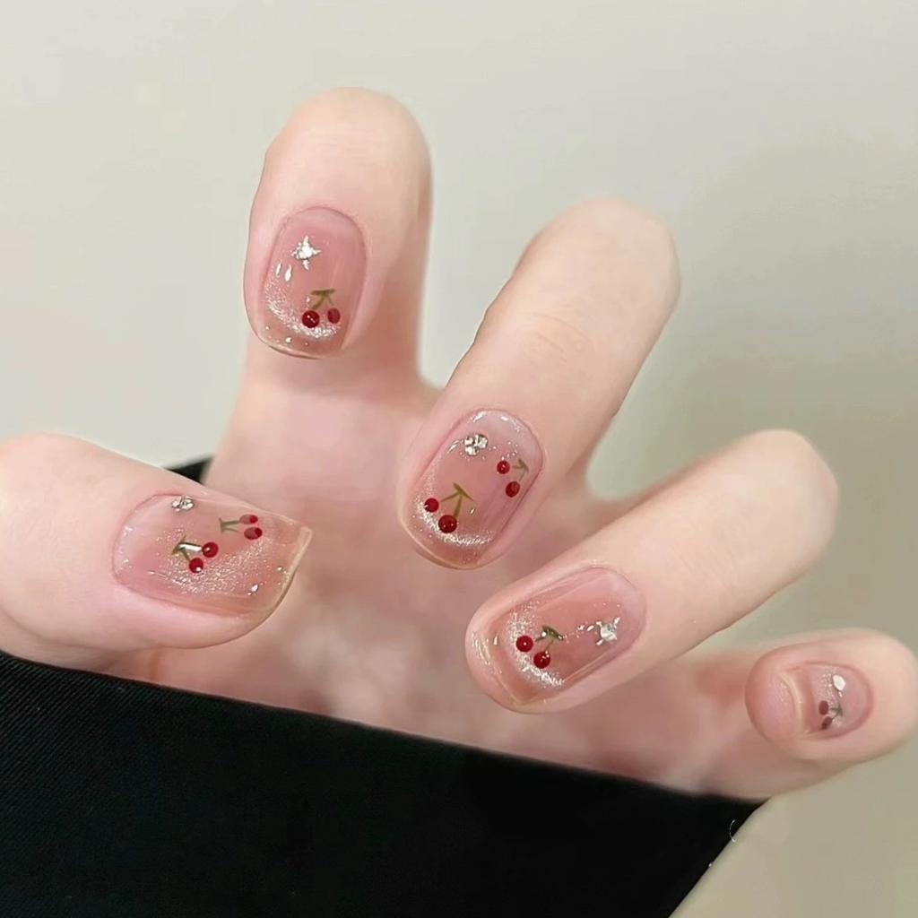 Spring and summer new cat's eye French cherry wearing armor white short cute three-dimensional cherry nail patch nail piece