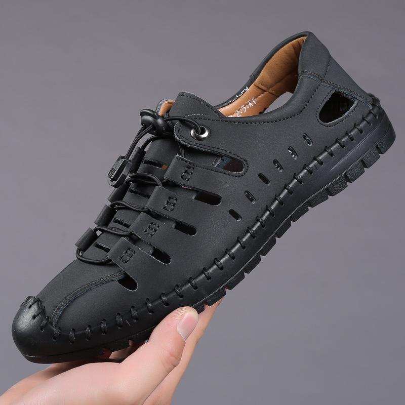 

2025 summer new sandals men s bag head hollow shoes youth outdoor casual shoes soft sole breathable cowhide hole shoes 38