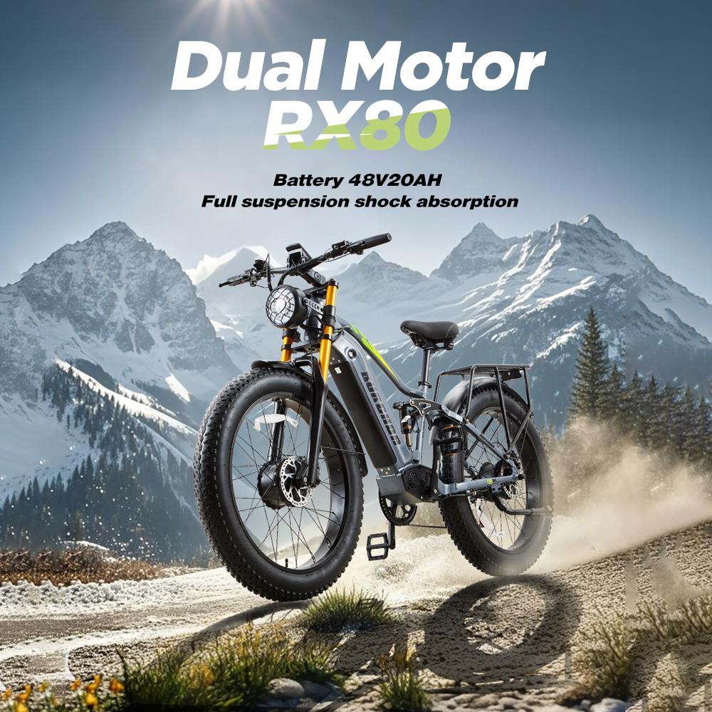 Elektrické kolo Burchad Rx80 2x 750W Motor 26" Tlusté Pneumatiky Plně Odpružené Elektrické Kolo pro Dospělé 48V 20Ah Dvojité Kotoučové Brzdy 7 Rychlostí Maximální Zatížení 150 kg