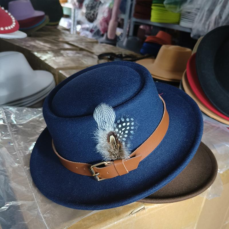Vintage Pork Pie Hat Men feather fedora hat Webbing Decorative flip-brim Felt hats Panama Gentlemen women Church Jazz Hat
