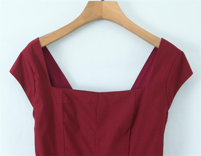 Elegant French Square Neck Short Sleeve Tie-back Dress - Slimming Waist Mid-length Skirt for Summer Vacation