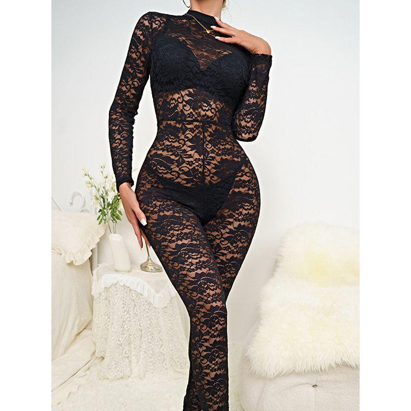 

Autumn and Winter New Lace Jacquard Hollow-out Perspective Long sleeve Temperament Slim fit Jumpsuit Bottoming One-Piece Skinny Trousers Women Black L