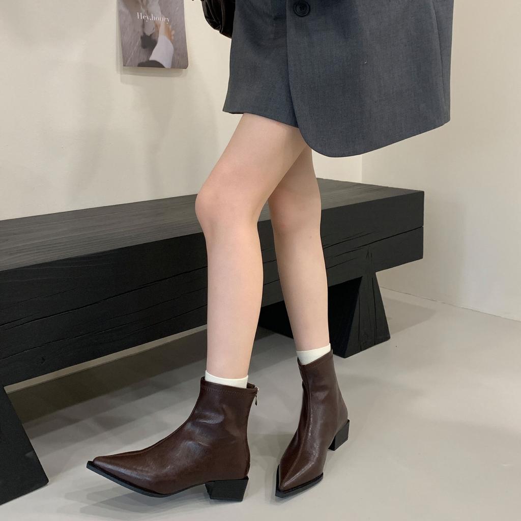 Pointed short boots women's thick heel retro Chelsea boots 2025 new Martin boots British style fashion medium heel thin boots
