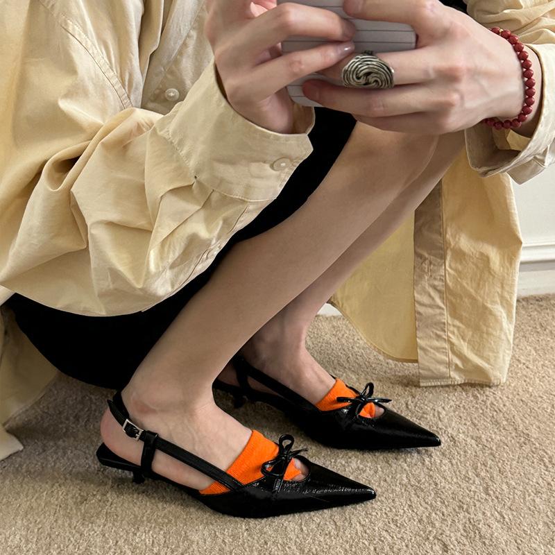 Sheepskin version~ French bow black kitten heel single shoes 2025 pointed head temperament bag head sandals high heels