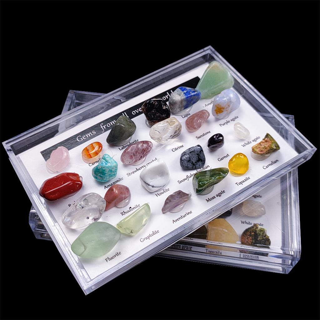 24Pc Rock & Mineral Collection with Collector Box/Display Case, ID Sheet, Gemstone Crystal Kit, STEM Geology Science Education