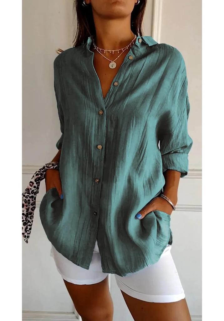 2024 Women's Solid Color Pleated Lapel Shirt - European & American Style, Single-Breasted Roll-Up Sleeve Top
