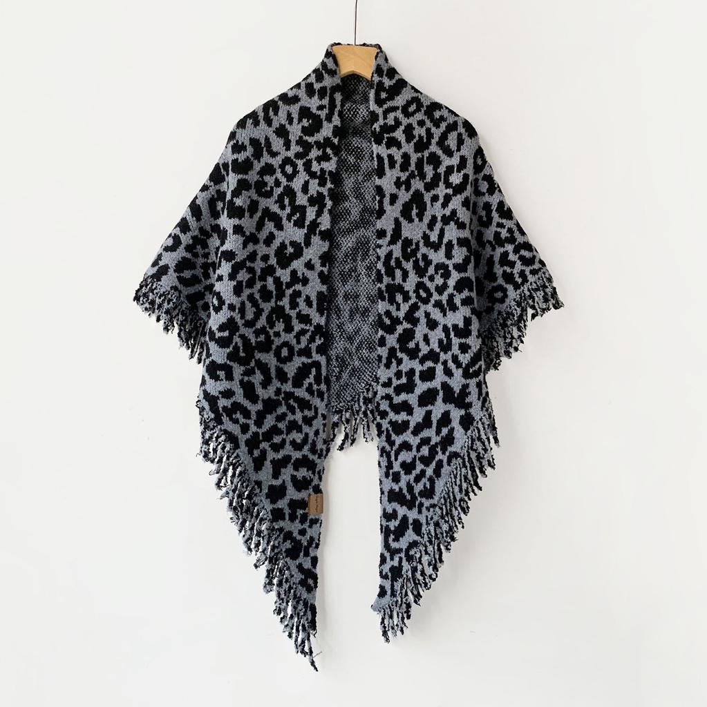 Tassel Knitted Triangular Shawl Leopard Print Autumn And Winter Wool Blended Warm Scarf Premium Neck Cape