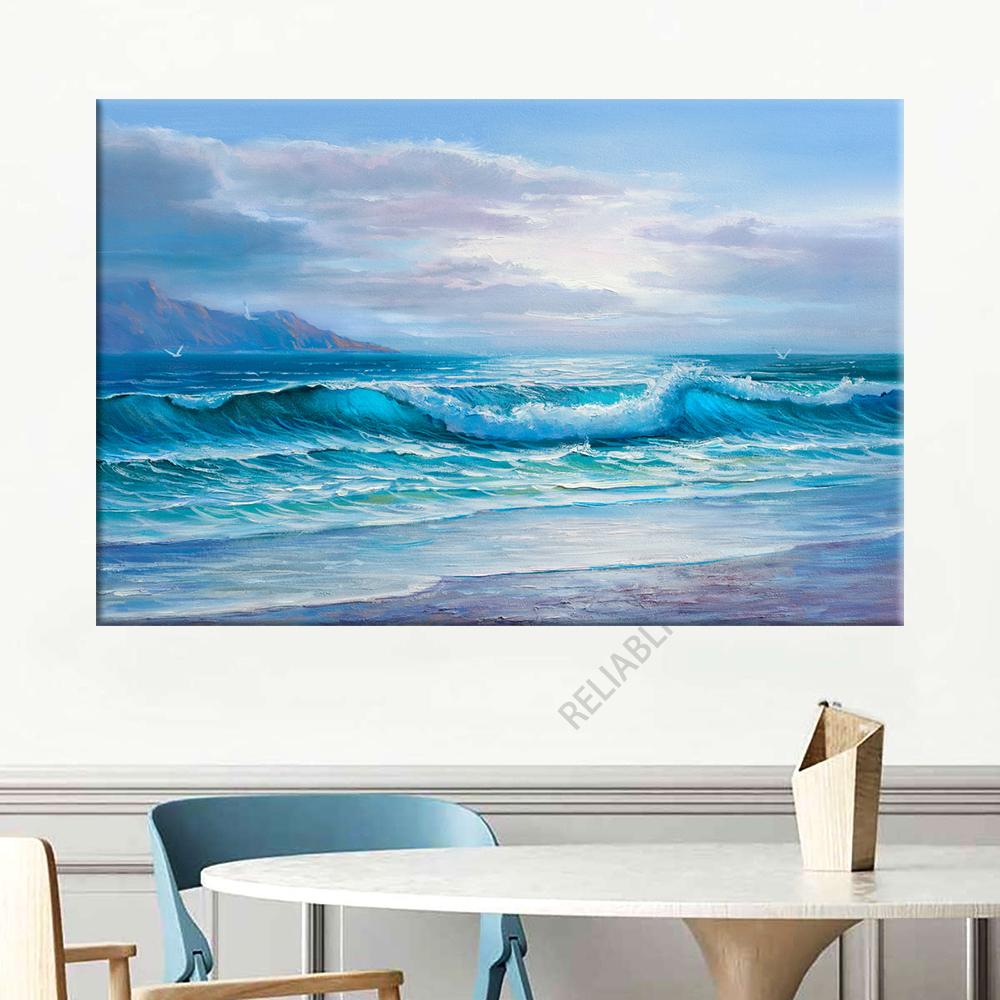 Obraz olejny Vintage Fale Morskie Wydrukowany na Płótnie Statek Zachód Słońca Pejzaż Plakaty i Druki do Dekoracji Salonu Cuadros