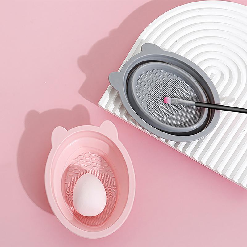 Reinigungswerkzeug für Make-up-Pinsel, faltbare Silikonschüssel, Beauty-Ei, Schwamm, Puderquaste, Waschen, tragbare Peelingmatte mit Trockengestellnetz