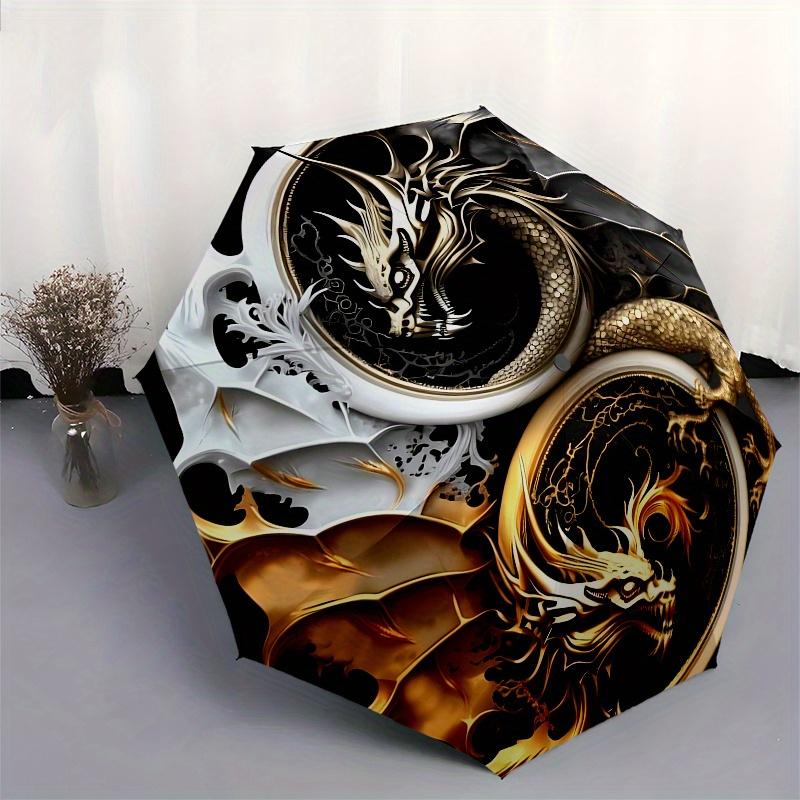 Golden & Silver Dragon Yin Yang Symbol Wall Art Print Umbrella, Cute Umbrella with Cute Design, Portable 3-Fold Compact Umbrella for Men & Women, Vale