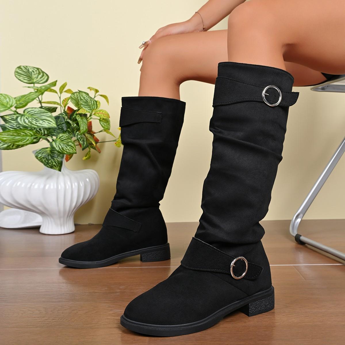 

Женские сапоги с круглым носком, квадратным каблуком, ремешком с пряжкой, высокие сапоги, национальный стиль, ретро, универсальные, больших размеров, осенне-зимние женские сапоги 43 чёрный