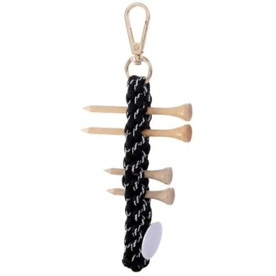 Golf tee holder available 12 colors rubber braided strap that can also hold push pin markers.