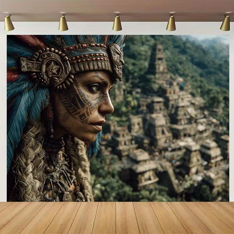 

2D Ancient Mayan Princess Backdrop, Jungle Pyramids Photo Background for Studio 47.2x31.5inch/120*80cm