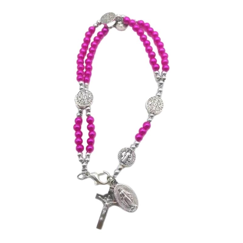 

Catholic Cross Finger Chain Double Layer Imitation Pearl Beaded Wrist Chain Cross Rosary Bracelet for Women and Girls 1