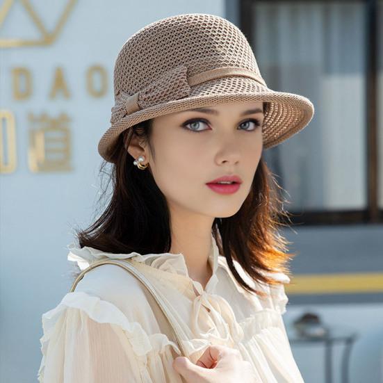 Women Basin Hat Flower Bow Decor Wide Brim Summer Bucket Hat Face-Slimming Outdoor Travel Beach Hat Headwear