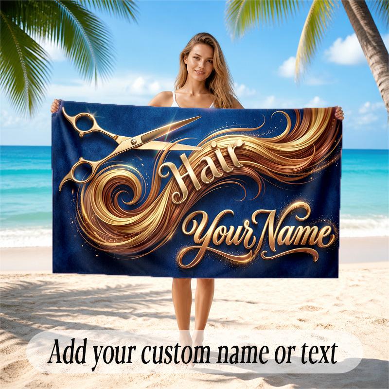 Barber Salon Theme Quick Dry Beach Towel Custom Name Text Print Large Sand Resistant Towel Beach Vacation