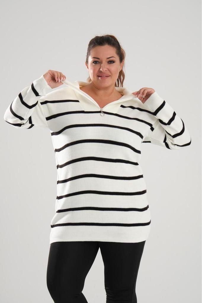 Women's Big Size Blouse Black Zipper Collar Black Striped Knitted Knitwear Plus Size Blouse