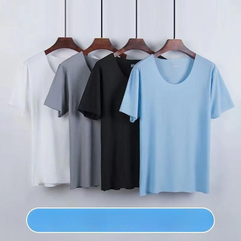 Men's Two-Piece Summer Thin Section Senior Ice Silk Feeling Round Neck Solid Color Short Sleeve Suit Sports Casual Homewear