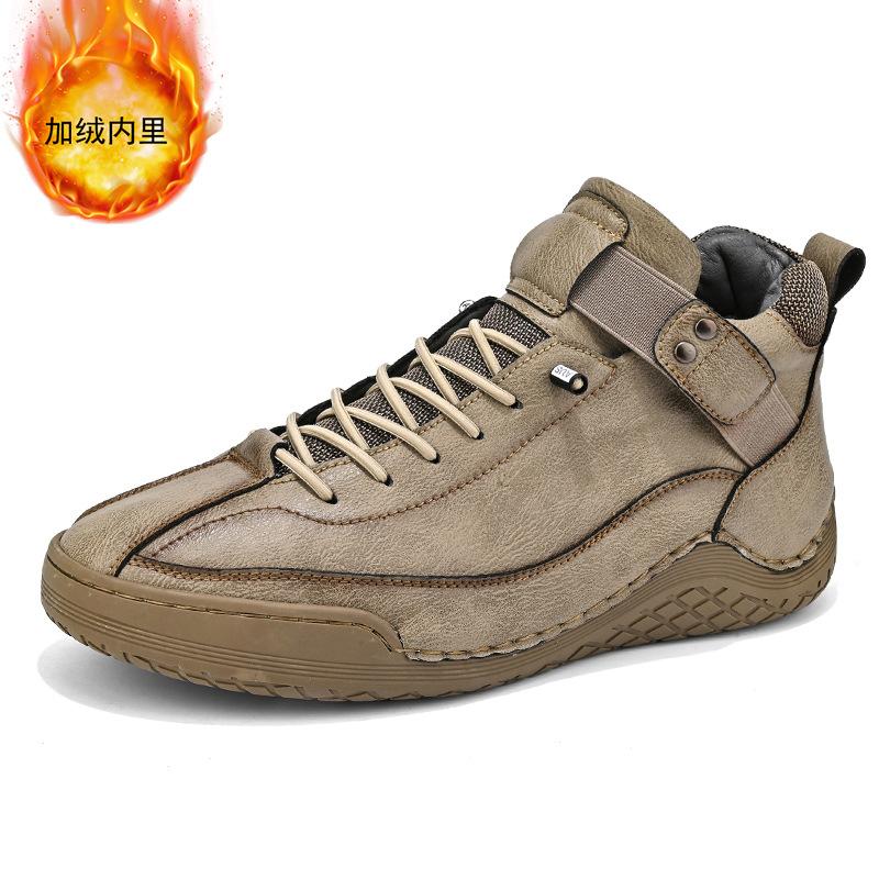 Autumn and winter new leather boots men's casual shoes fleece warm snow boots men's high-top Martin boots hand-sewn tooling shoes