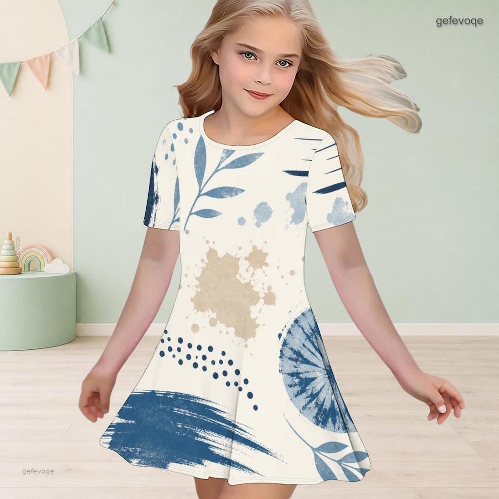 Girls Round Neck Short Sleeve Abstract Printed Blue Beige White A Line Flared Dress
