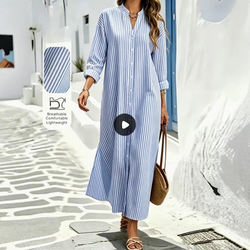 Europe and the United States popular cardigan striped shirt skirt autumn vacation style fashion loose dress