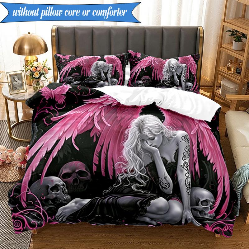 3PCS Ethereal pink Angelic skull Bedding Set,Including 1pc Duvet Cover And 2pcs Pillowcases Perfect for Bedroom, Dormitory, Fan Christmas gift